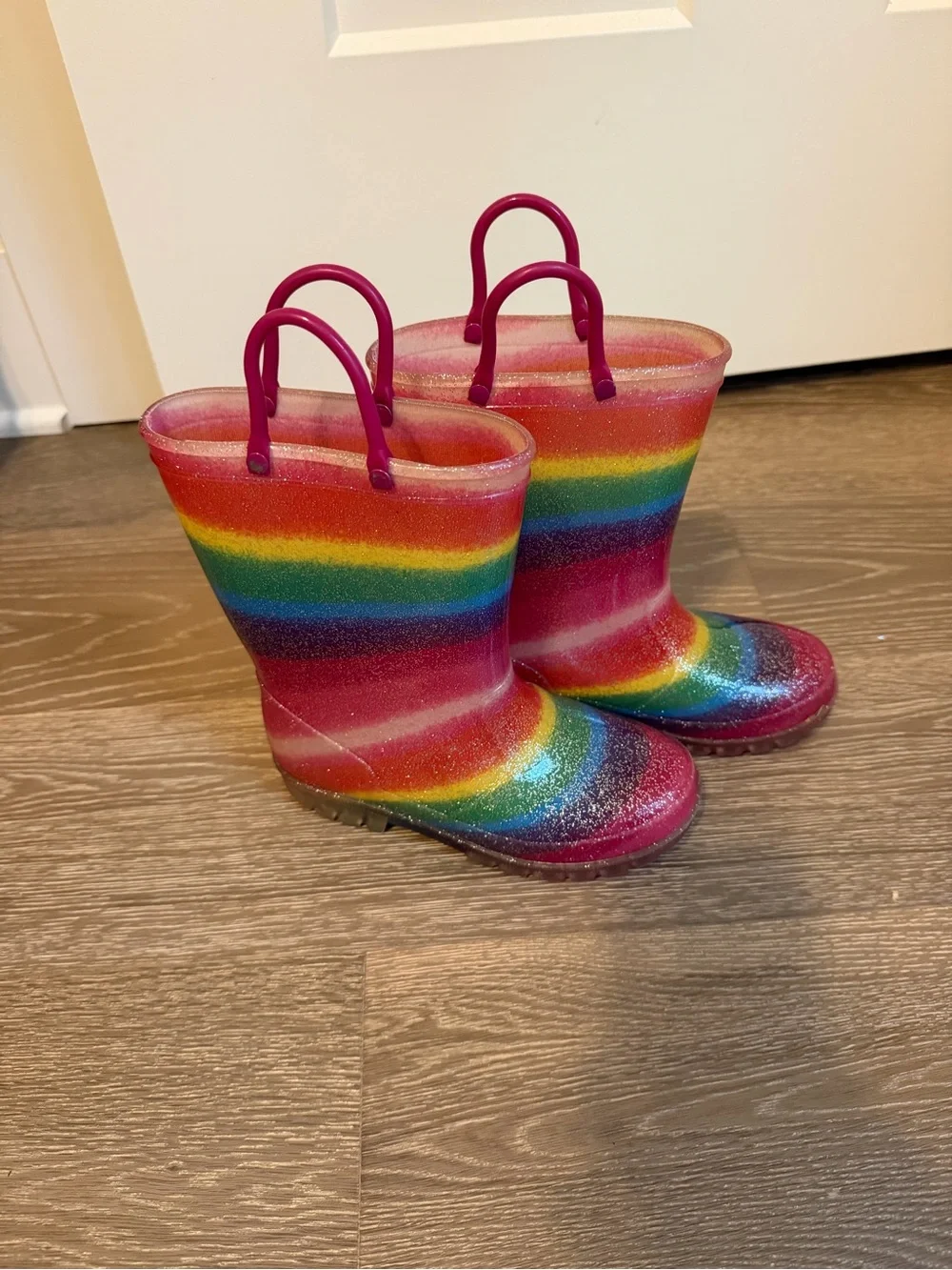 Kids Rainbow Glitter Light Up Rain Boots with Pink Handles